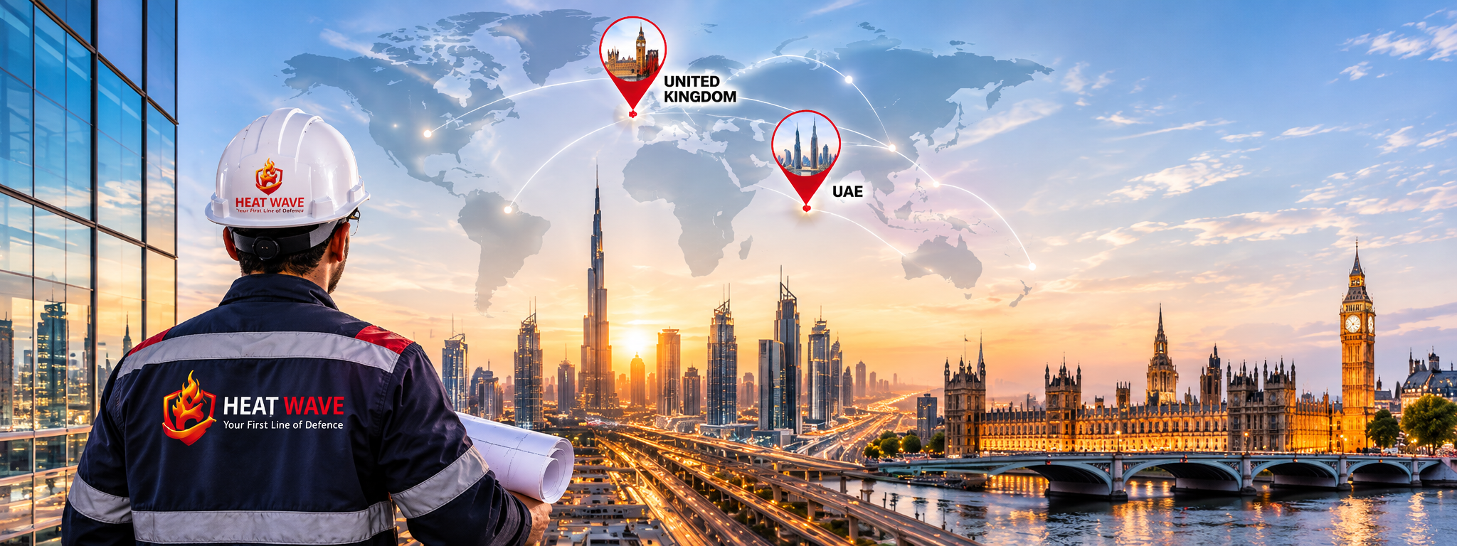 Heat Wave fire protection engineer overlooking Dubai and London, representing the company's international vision